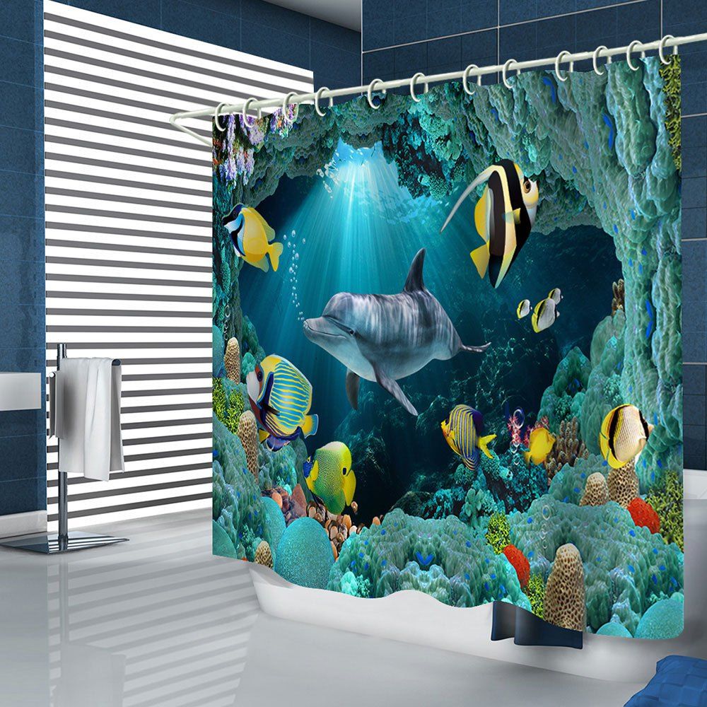 

BK141 Underwater Coral Shower Curtain, Macaw blue green