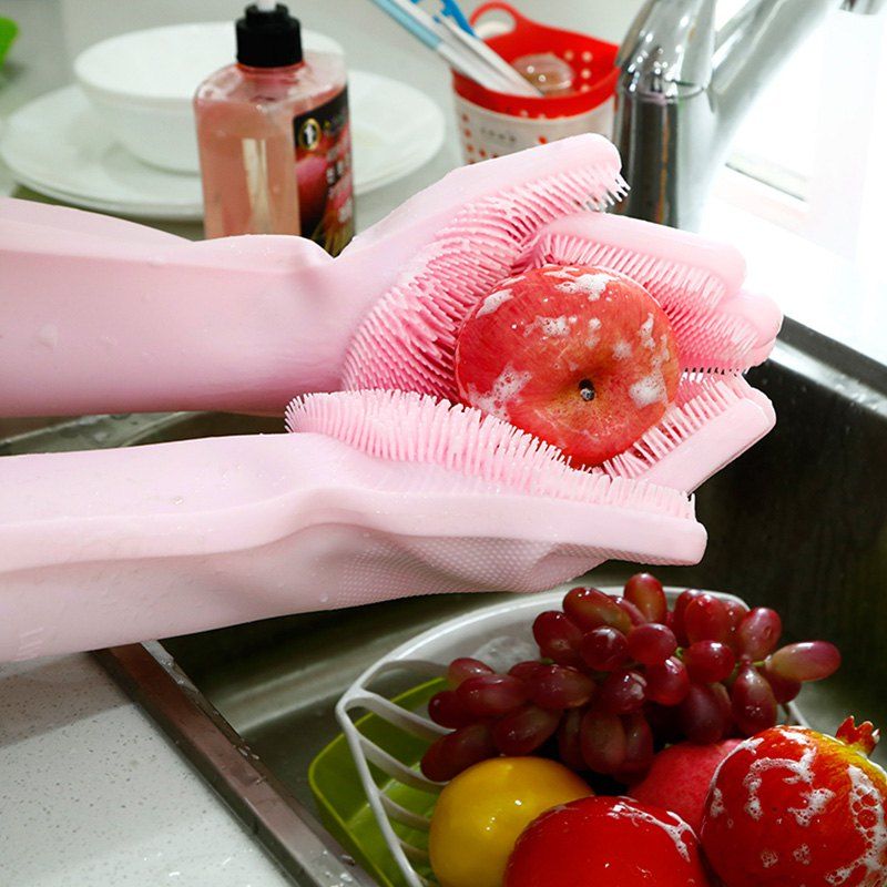 

Pair of Heat Resistance Silicone Cleaning Gloves for Bathroom Kitchen, Pig pink