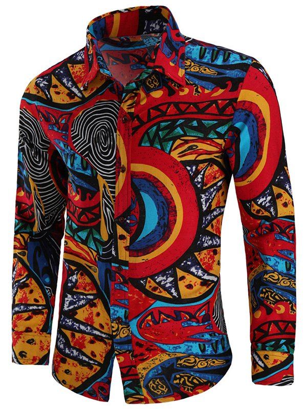 

Men's Shirt Cotton and Linen Long Sleeve with Pattern, Multi