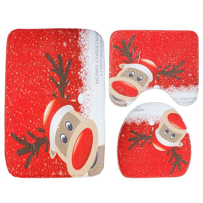 

Christmas Elk Bath Rug Toilet Mat 3pcs / Set, Red