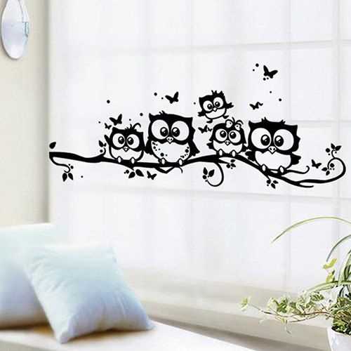 

Five Owls Standing on Branches Removable PVC Wallpaper for Room Decoration, Black