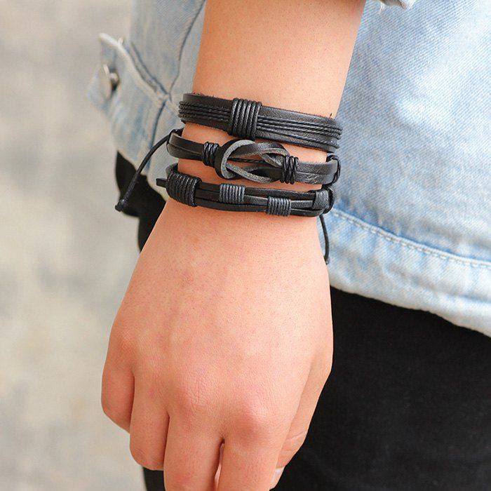 

Black Leather Woven Bracelet Set