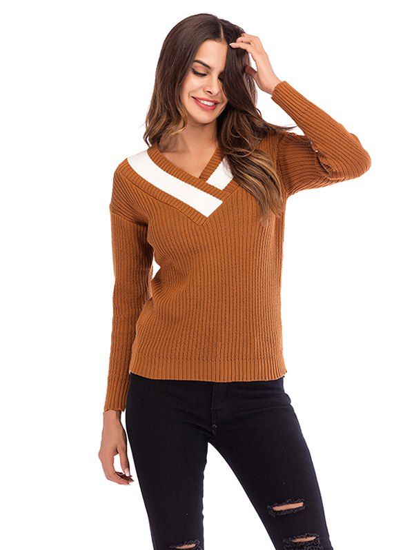 

Women V-ollar Stitching Knit Long Sleeve Pullover Sweater, Caramel