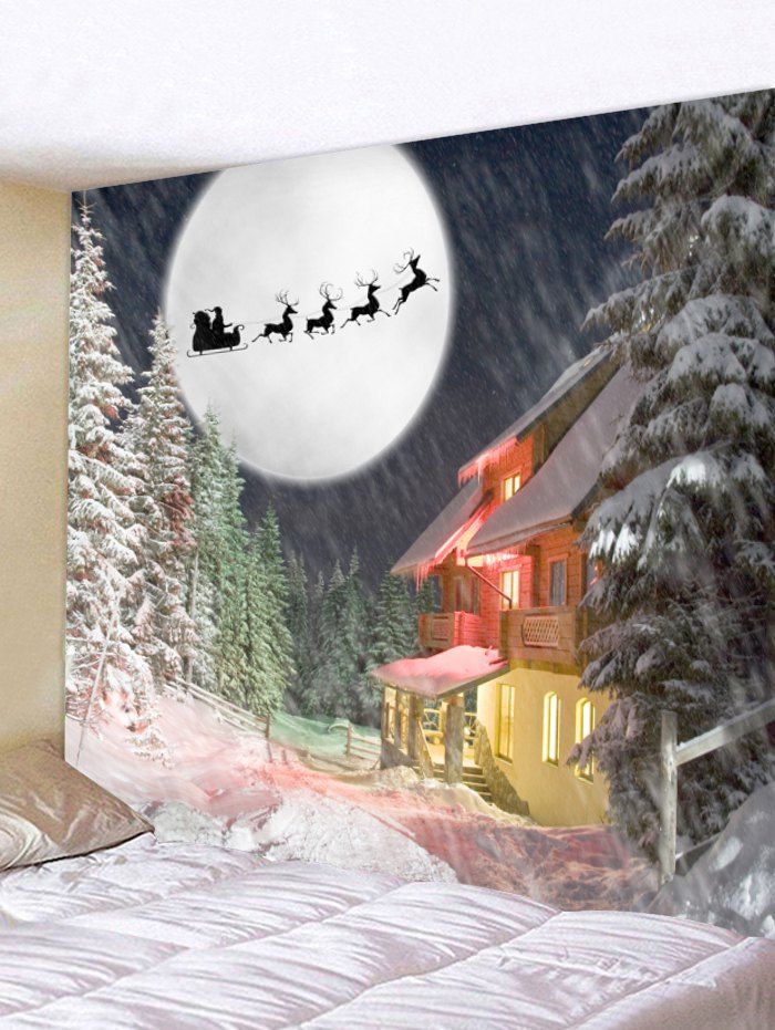 Santa Reindeer Silhouette House Moon Print Wall Tapestry, Multi