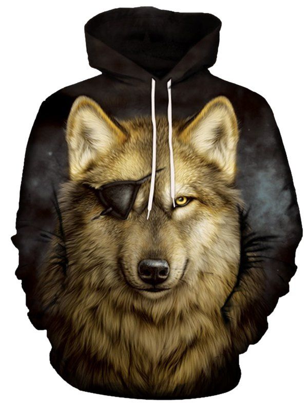 

Men's Autumn Winter 3D Gray One-eyed Wolf Hooded Sweater, Battleship gray