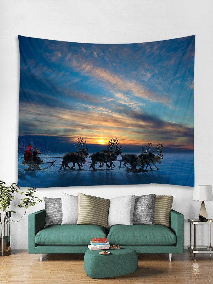 

Christmas Deer Sleigh Print Tapestry Art Decoration, Deep blue