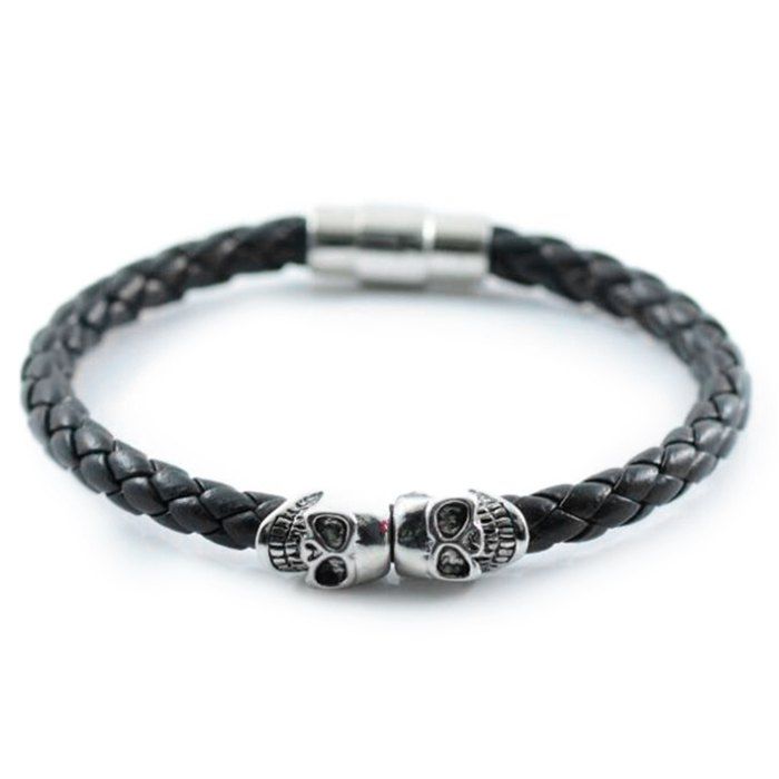 

Europe And The United States Foreign Trade Explosions Bracelet Punk Wind Leather Braided Magnetic Buckle Skull Bracelet, Silver
