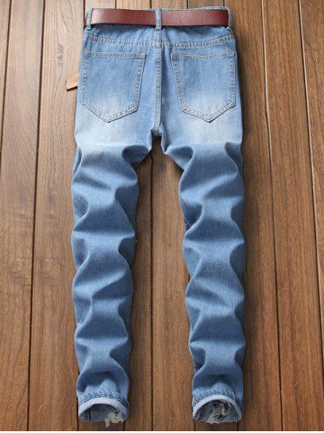 

Men Hole Patch Badge Tide Section Slim Feet Jeans, Blue