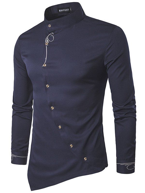 

Foreign Trade Men's 2018 European Code Youth Foreign Trade Personality Diagonal Button Irregular Multi-color High-end Shirt, Dark slate blue