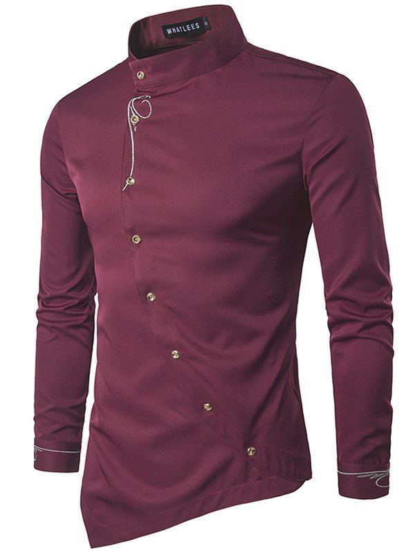 

Foreign Trade Men' 2018 European Code Youth Foreign Trade Personality Diagonal Button Irregular Multi-color High-end Shirt, Red wine