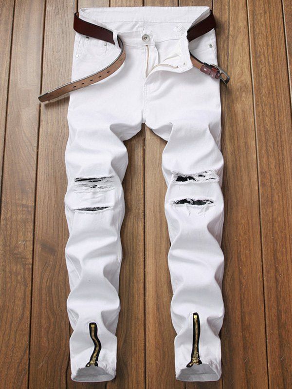 

White Hole Slim Feet Zipper Jeans