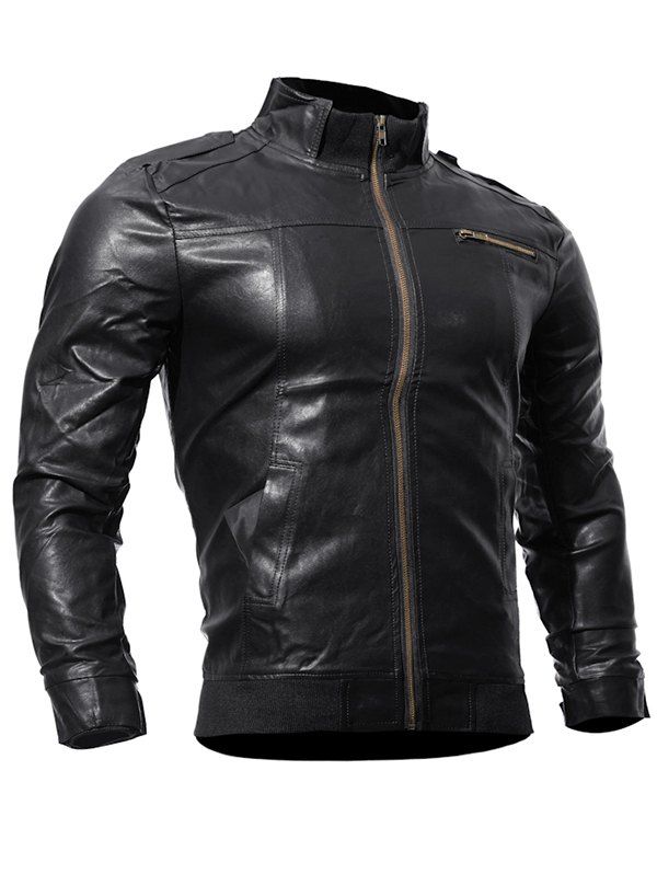 

Autumn Solid Color Leather Collar Zipper Jacket, Black