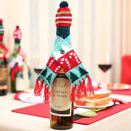 

Christmas Wine Bottle Decoration Supplies Christmas Knit Scarf Hat Set, Red