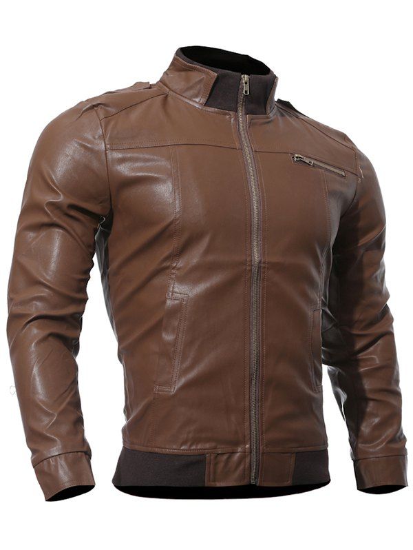 

Autumn Solid Color Leather Collar Zipper Jacket, Brown bear