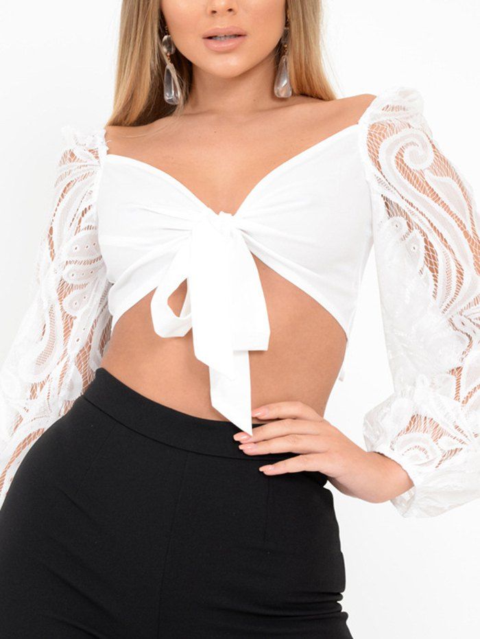 

Deep V Knotted Long Sleeve Lace Shirt Women, White