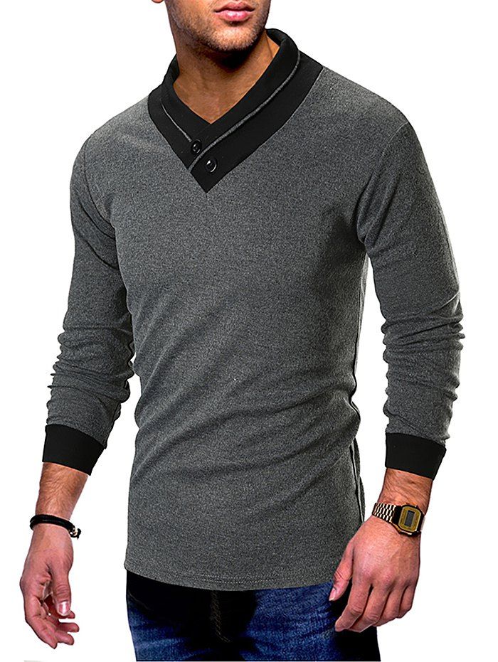 

Self-cultivation V-neck Stitching Personality Collar Long-sleeved T-shirt, Dark gray