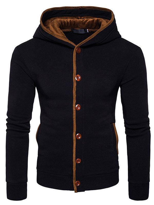 

European Code Button Design Striped Colorblock Cardigan Sweatshirt, Black