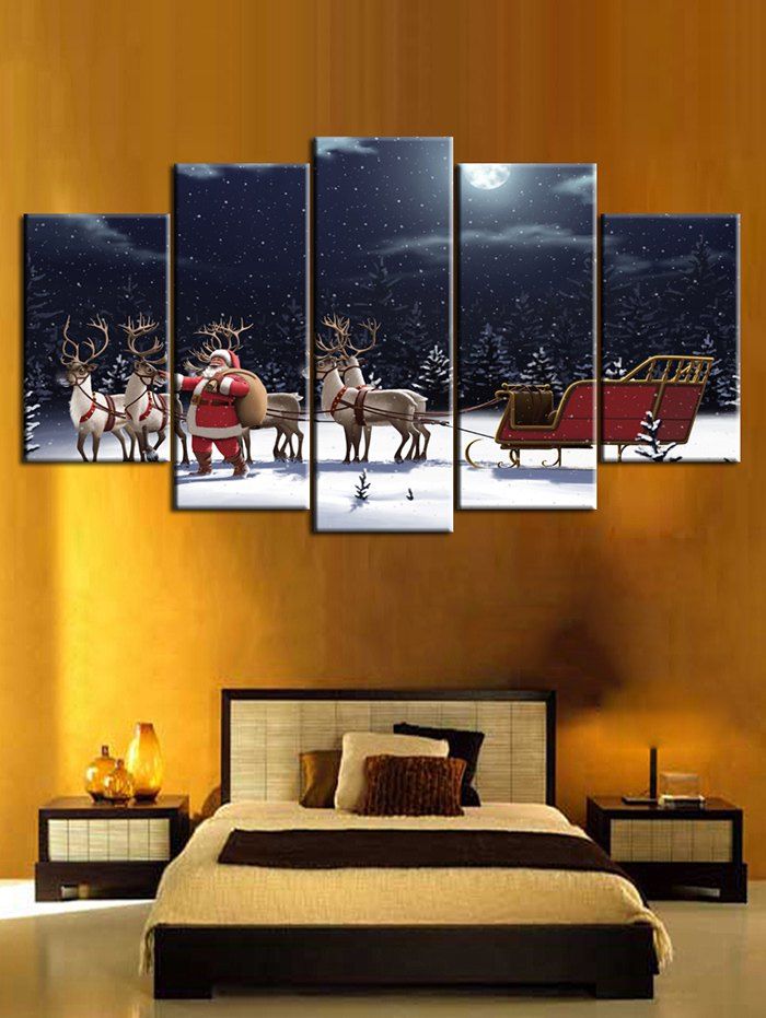 

Christmas Night Elk Sleigh Print Unframed Split Canvas Paintings, Multi