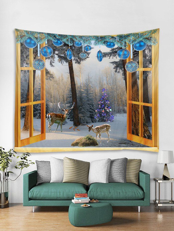 

Window Christmas Forest Print Tapestry Wall Hanging Decoration, Multi