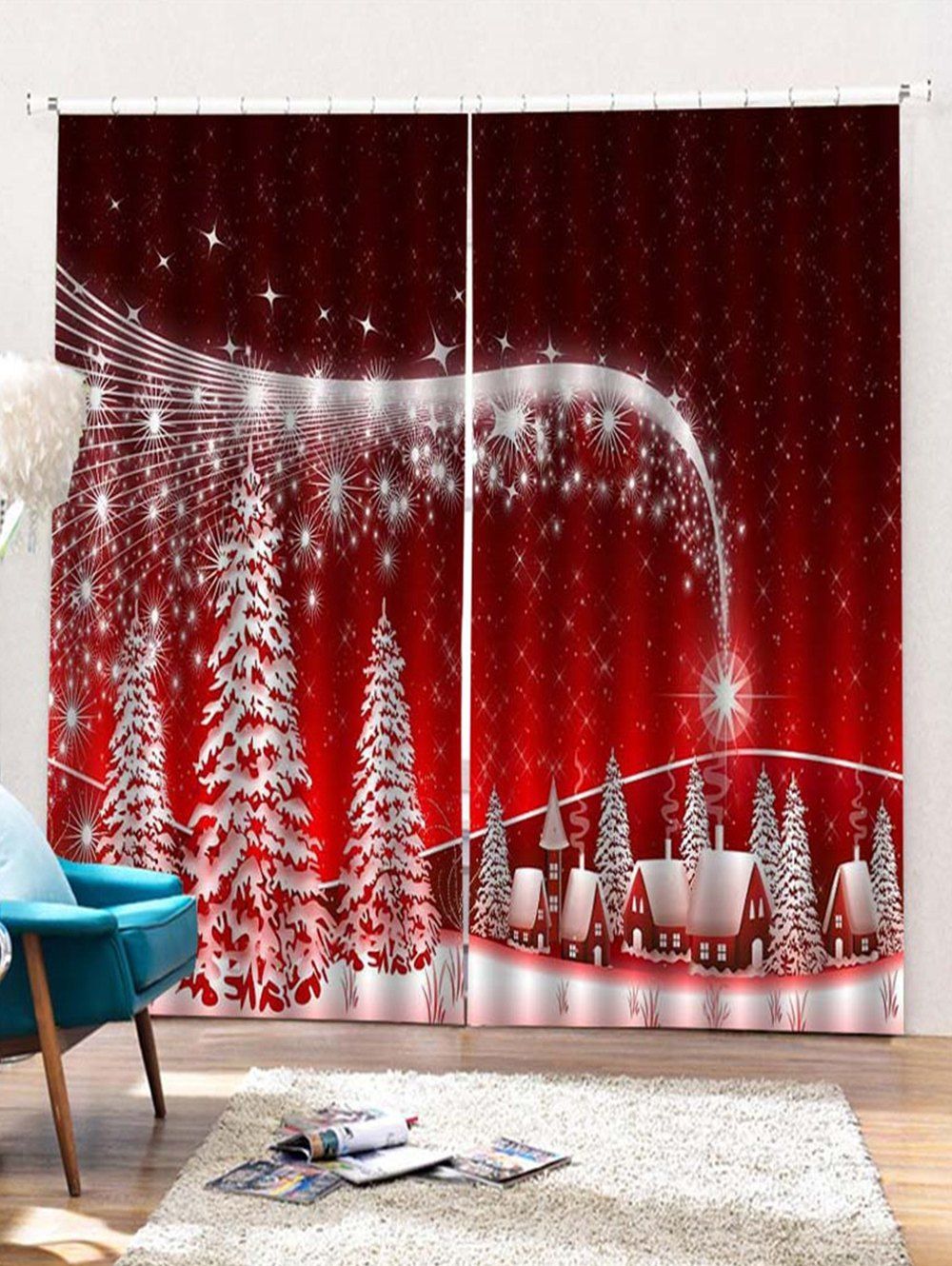 

2PCS Christmas Star Printed Window Curtains, Lava red