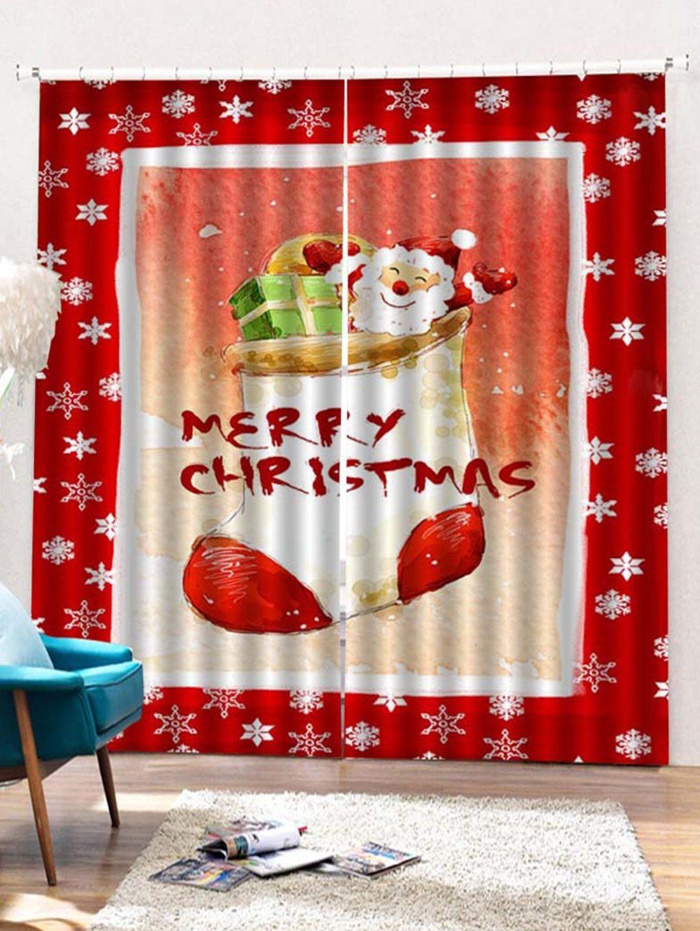 

2PCS Merry Christmas Santa Claus Printed Window Curtains, Red