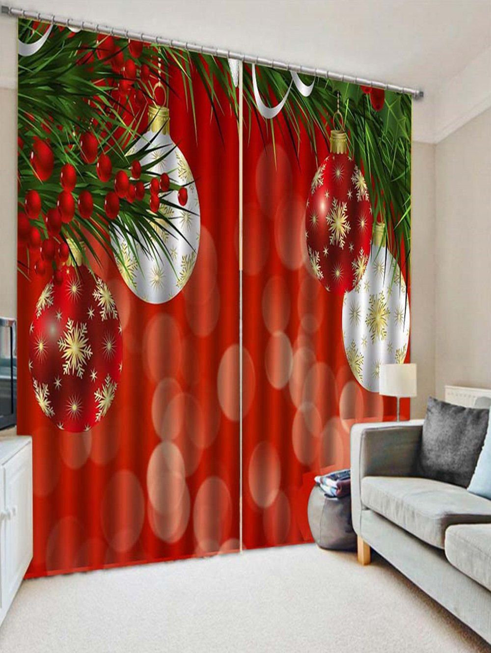 

2PCS Christmas Ball Printed Window Curtains, Lava red