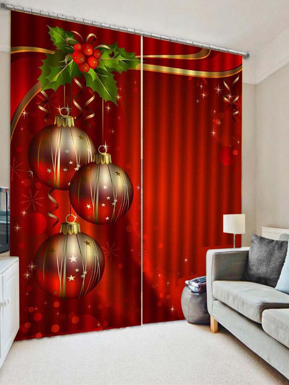 

2PCS Christmas Ball Leaf Printed Window Curtains, Lava red