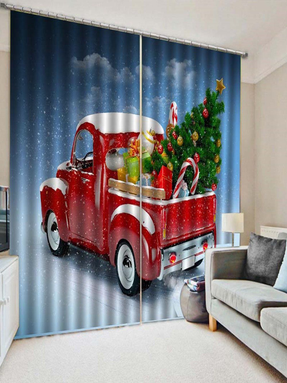 

2PCS Christmas Gift Car Printed Window Curtains, Cornflower blue