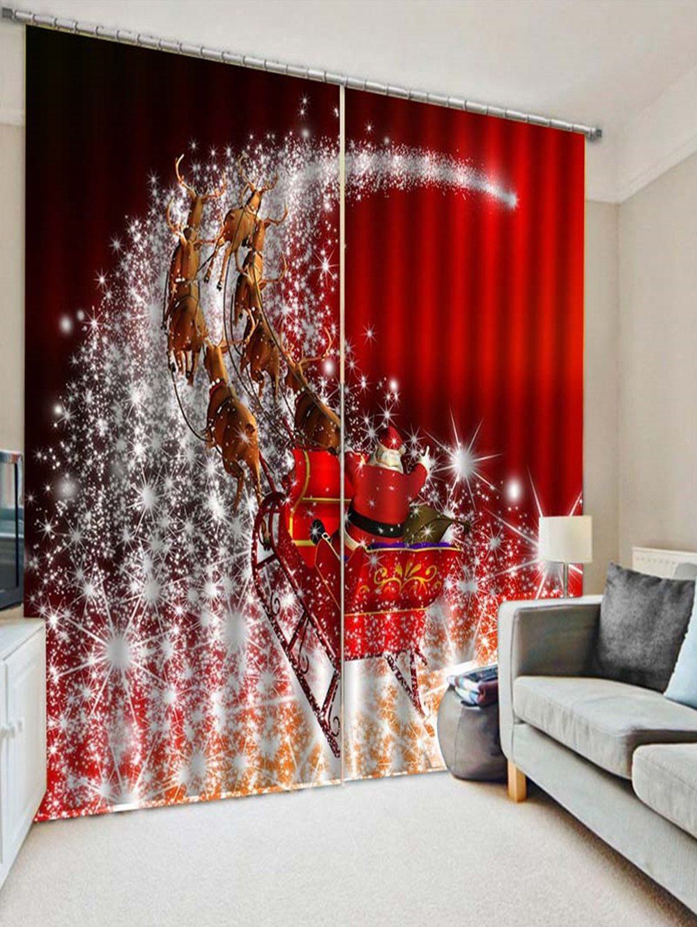 

2PCS Father Christmas Deer Printed Window Curtains, Lava red