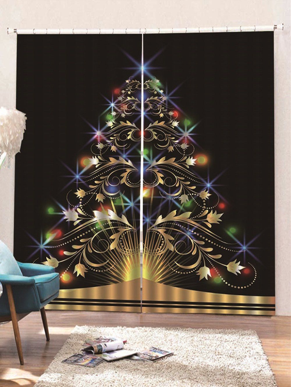 

2PCS Christmas Tree Printed Window Curtains, Black