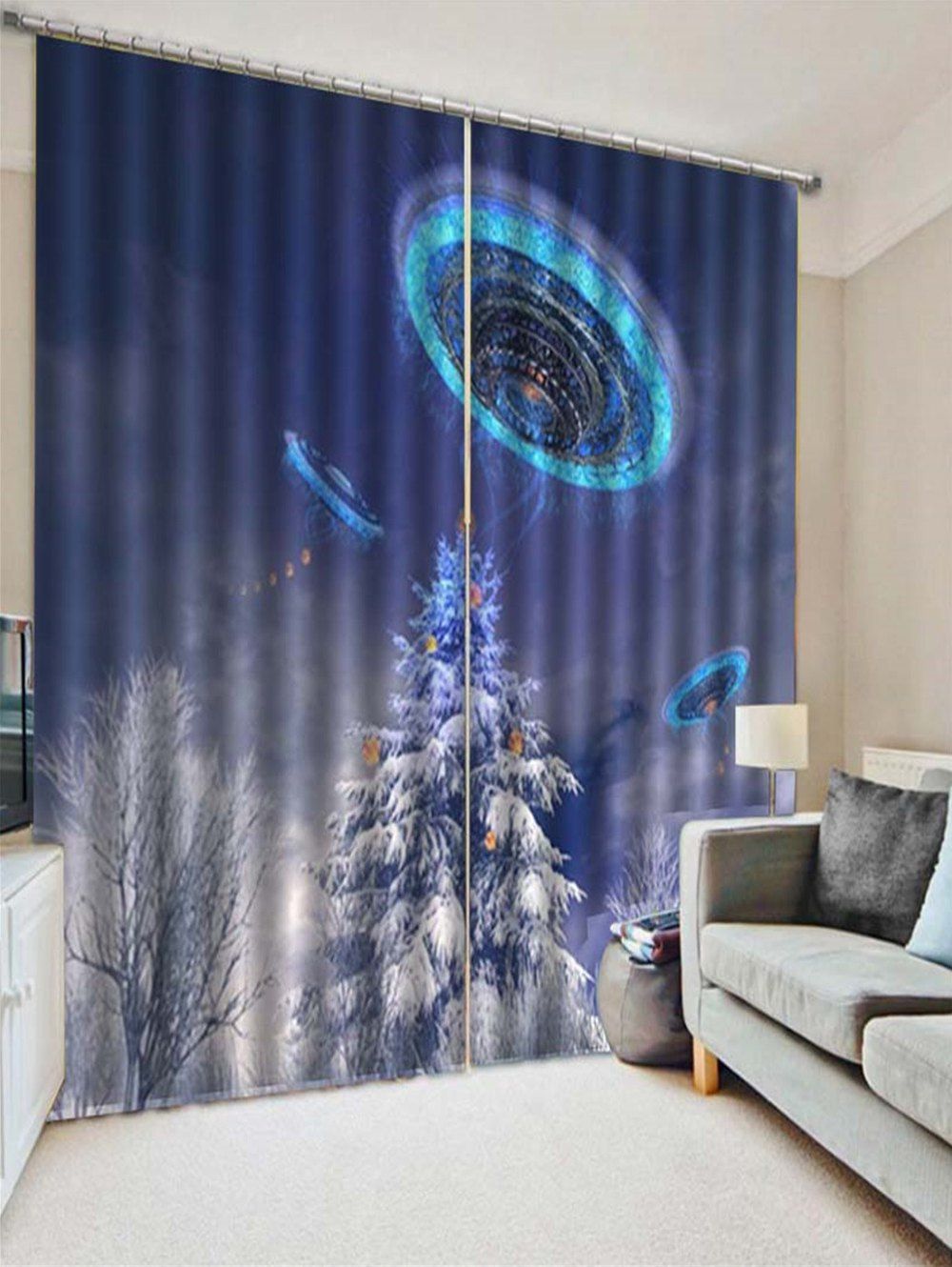 

2PCS Alien Spacecraft Printed Window Curtains, Blueberry blue