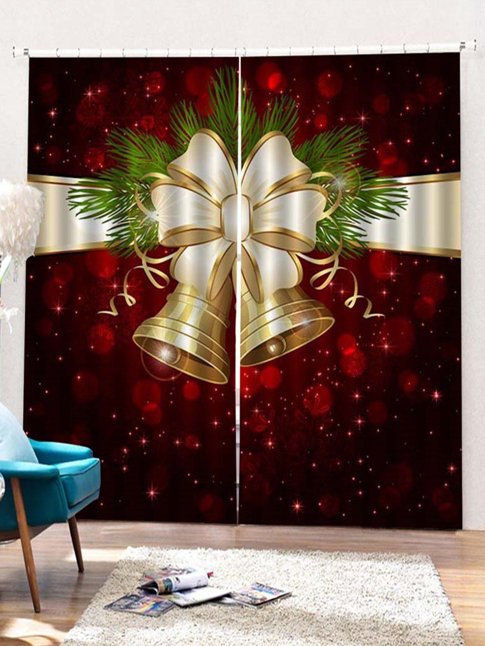 

2PCS Christmas Bell Printed Window Curtains, Red wine