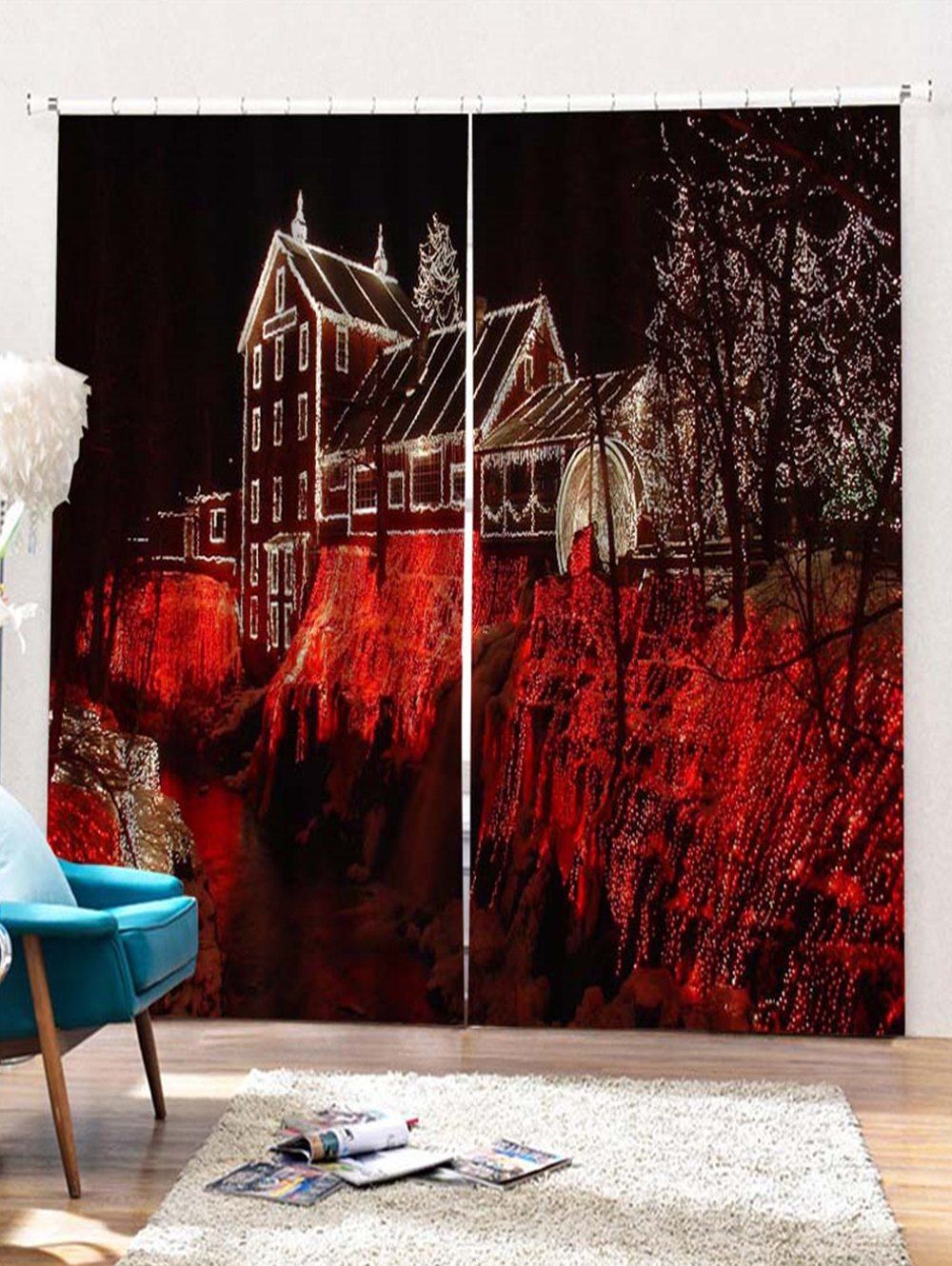 

2PCS Christmas Villa Printed Window Curtains, Red