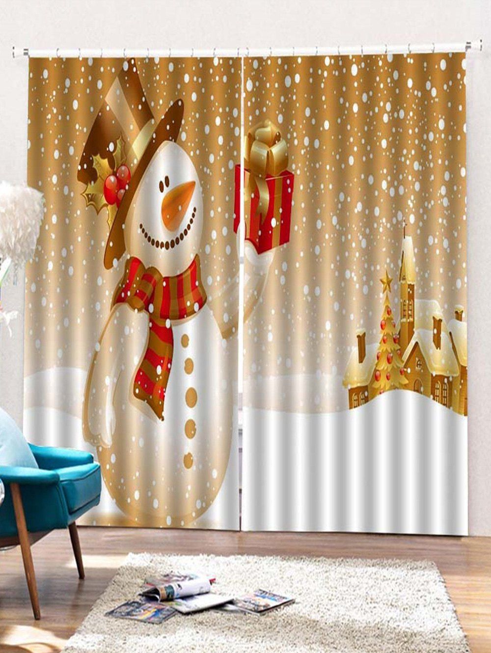 

2PCS Christmas Snowman Gift Printed Window Curtains, Golden brown