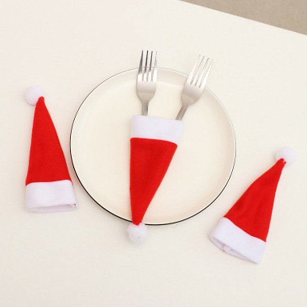 

Christmas Hat Velvet Cap Knife And Fork Set Cover Wine Bottle Decoration, Red