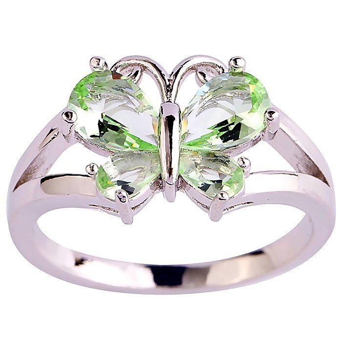 

3 - Z1O5R7_5 Green Crystal Butterfly Ring, Silver