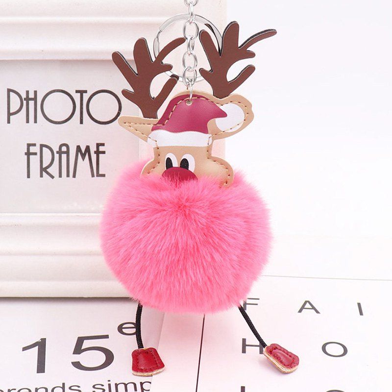 

Christmas Moose Hair Ball Key Ring Pendant, Pink