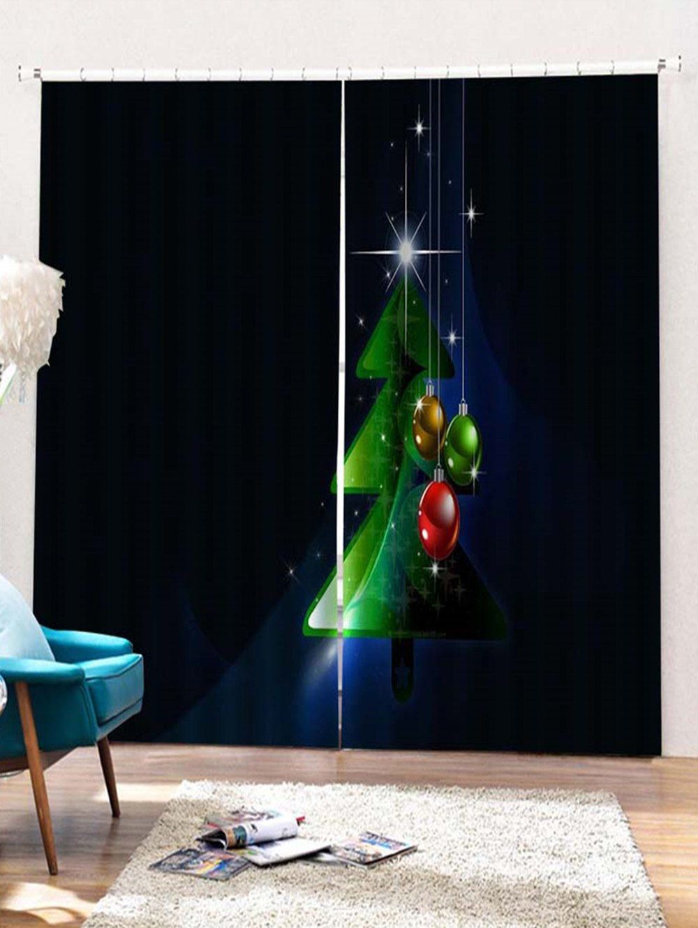 

2PCS Christmas Tree Ball Printed Window Curtains, Black