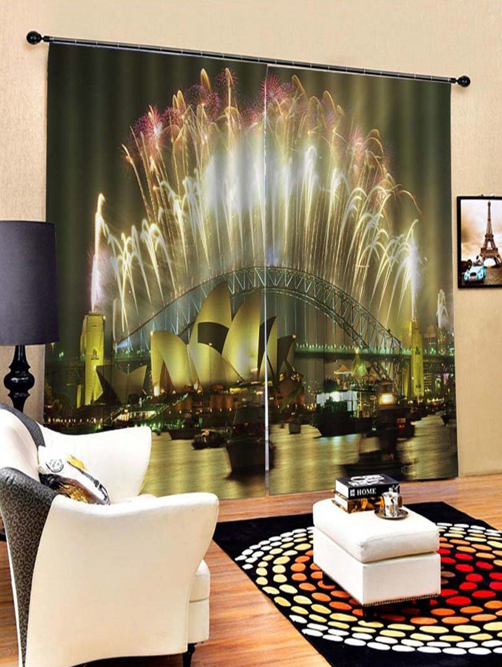 

2PCS Fountain Night Printed Window Curtains, Golden brown