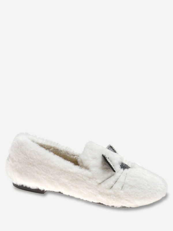 

Kitty Print Faux Fur Loafers Flats, White