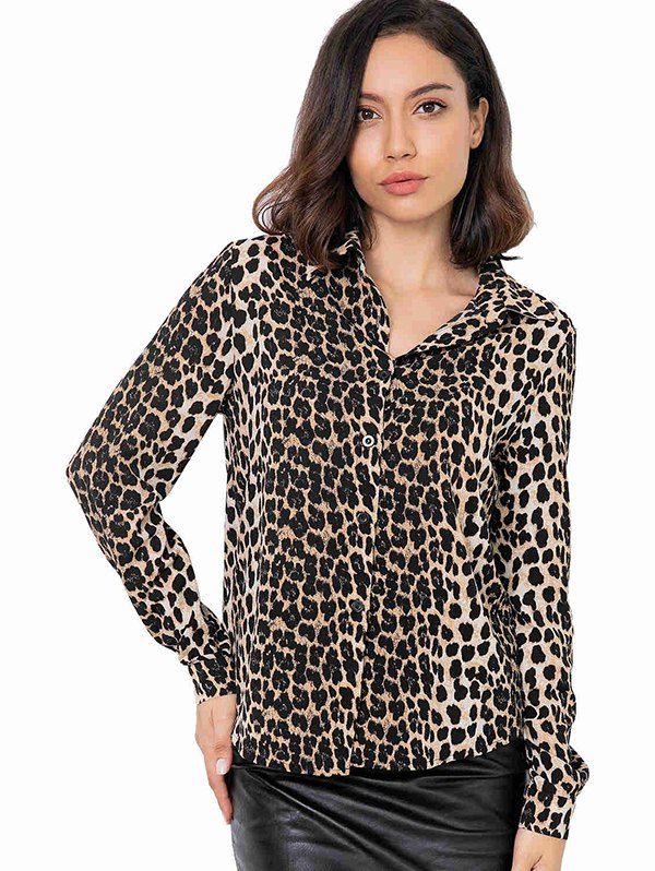 

81777 Fashion Leopard Long-sleeved Shirt Women, Coffee