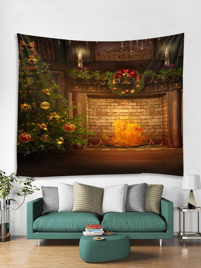 

Christmas Tree Fireplace Print Tapestry Wall Hanging, Multi