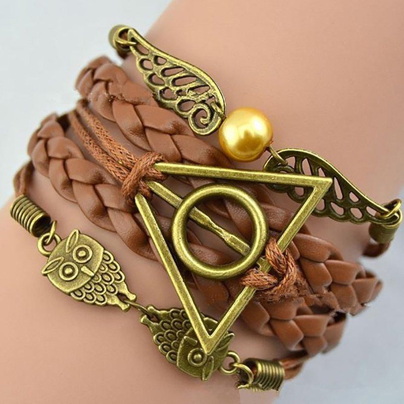 

3-U1F2-2 Death Hallows Hollow Wings Leather Cord Bracelet, Brown