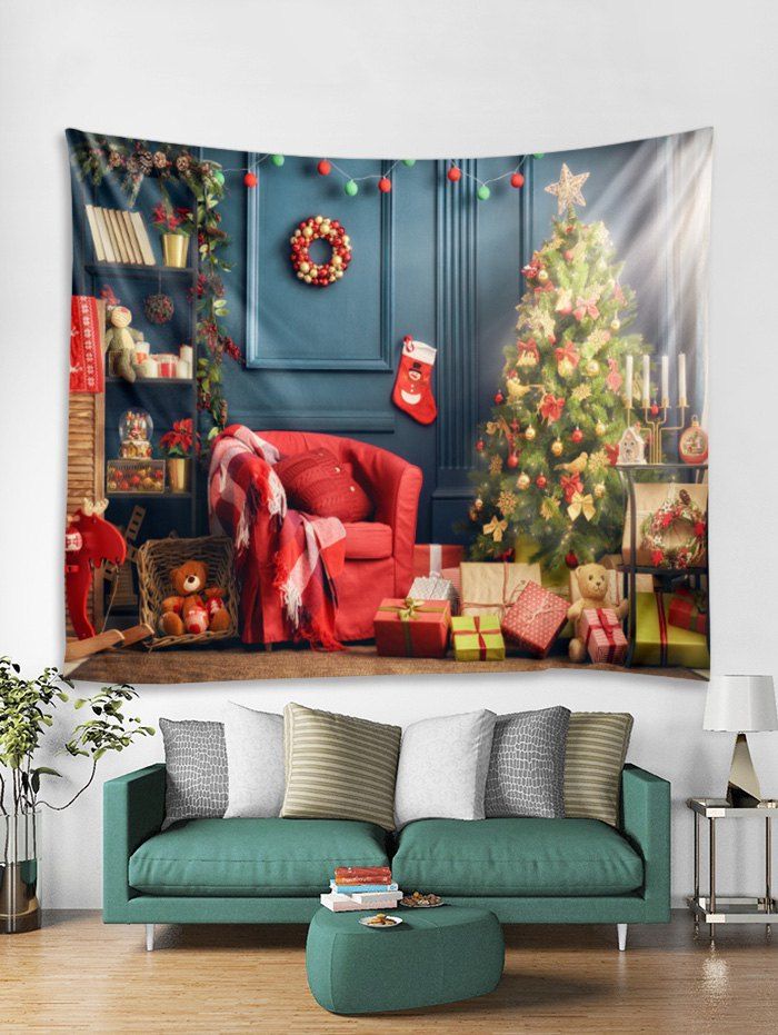 

Christmas Tree Gift Bear Pattern Tapestry Art Decoration, Blue koi