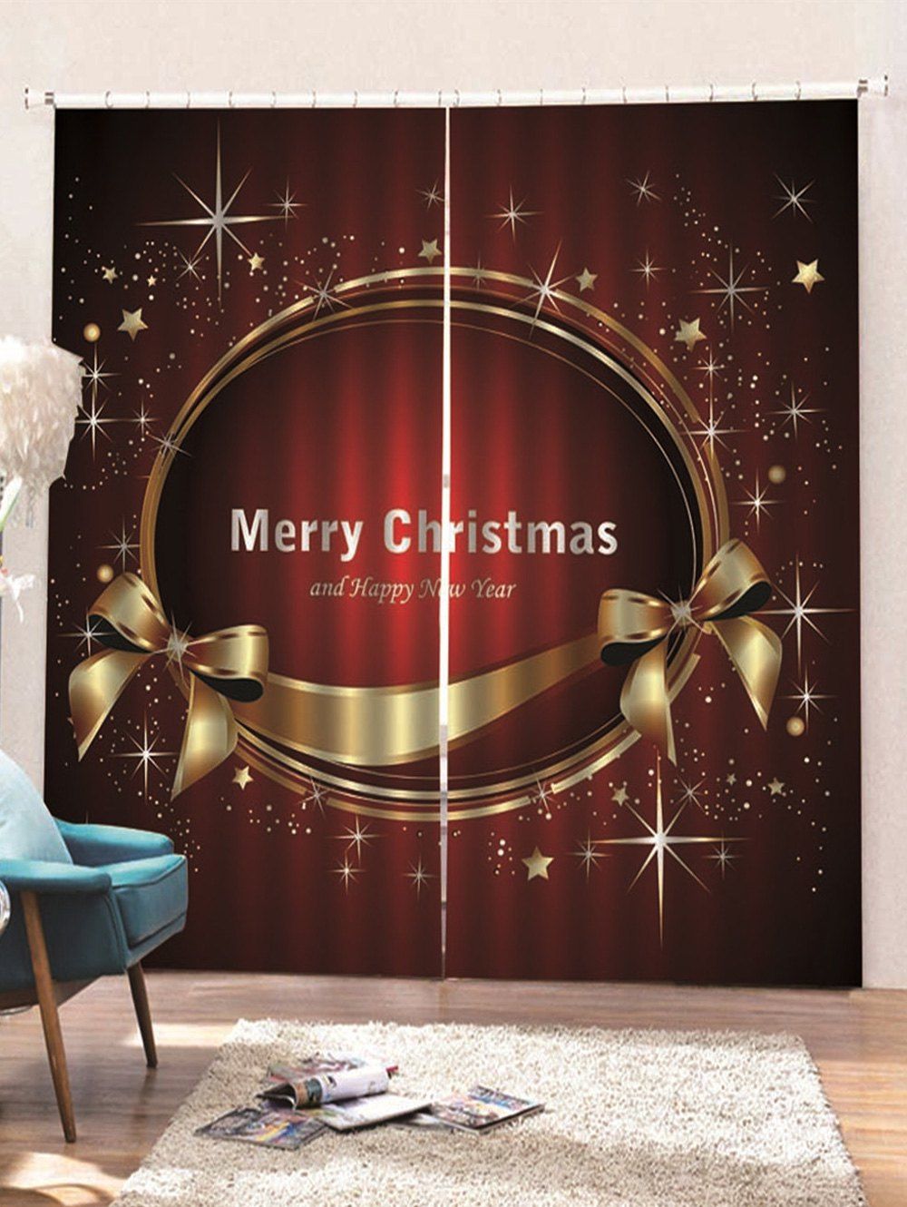 

2PCS Merry Christmas Bowknot Star Pattern Window Curtains, Red wine