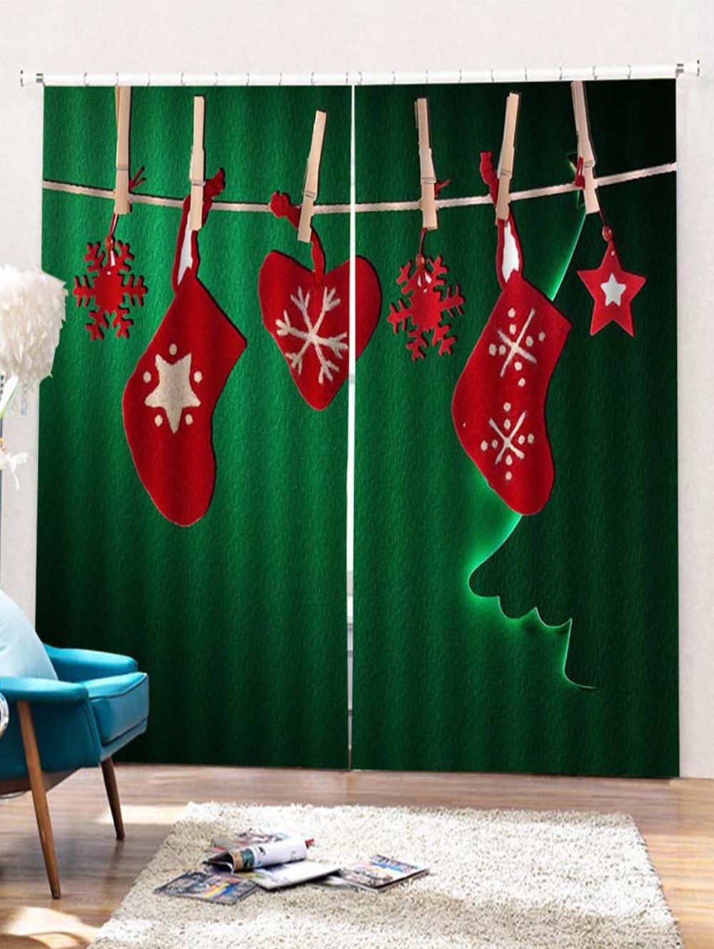 

2PCS Christmas Snowflake Star Stocking Window Curtains, Medium spring green