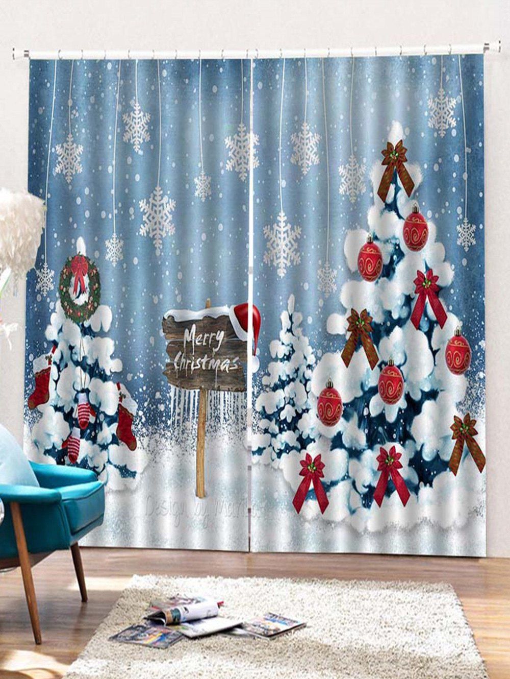 

2PCS Merry Christmas Snowflake Tree Pattern Window Curtains, Light sky blue
