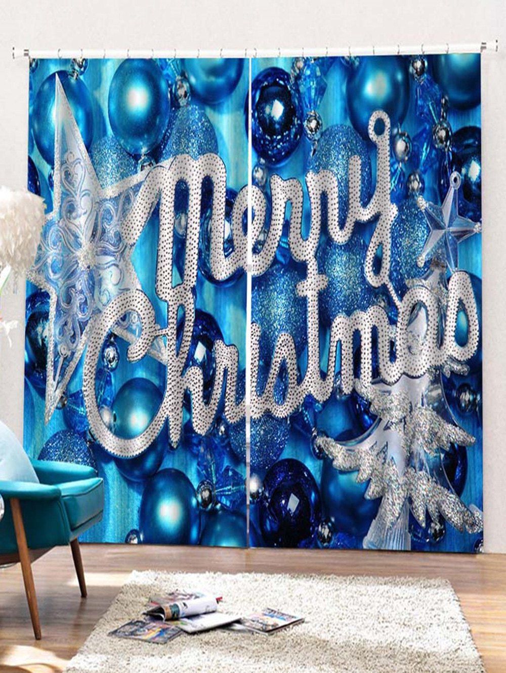 

2PCS Merry Christmas Star Pattern Window Curtains, Sea blue