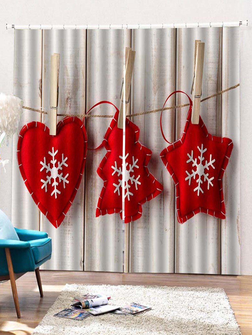 

2PCS Christmas Snowflake Wooden Pattern Window Curtains, Lava red