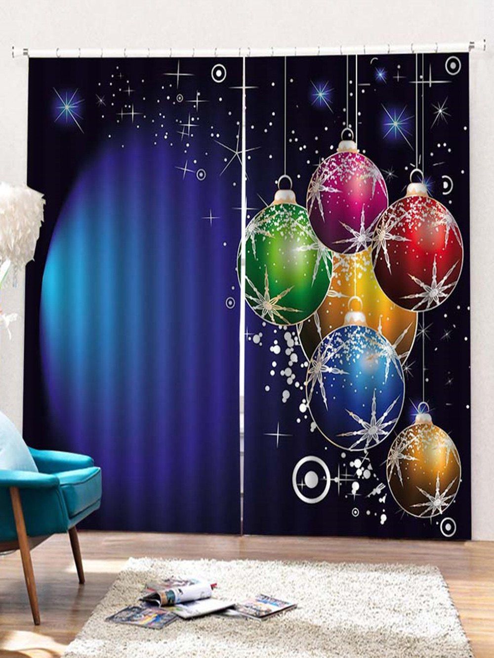 

2PCS Christmas Ball Print Window Curtains, Cobalt blue